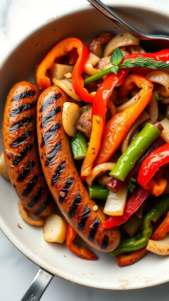A dish of grilled Italian sausages with mixed bell peppers