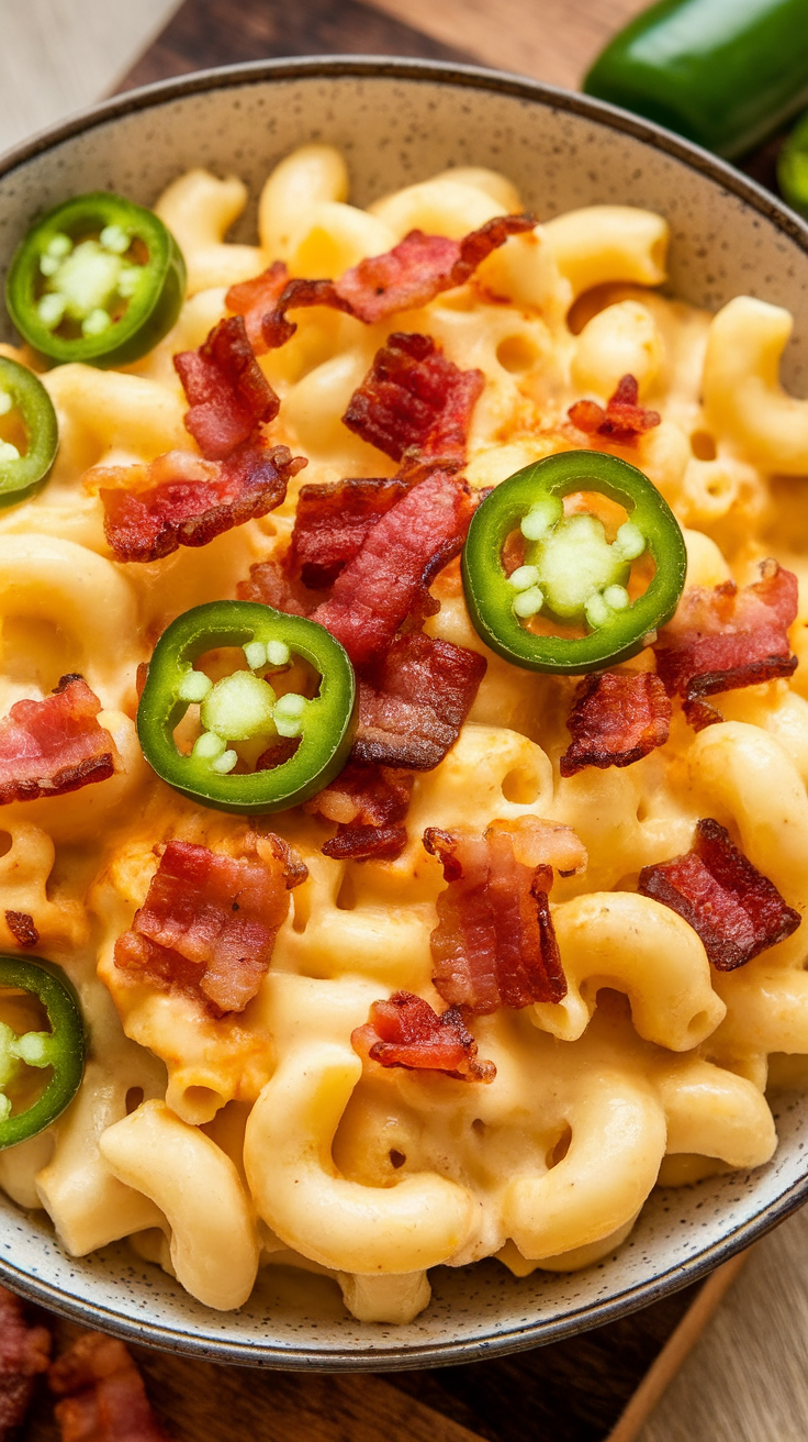 Bowl of Jalapeño Popper Mac topped with crispy bacon and fresh jalapeño slices.