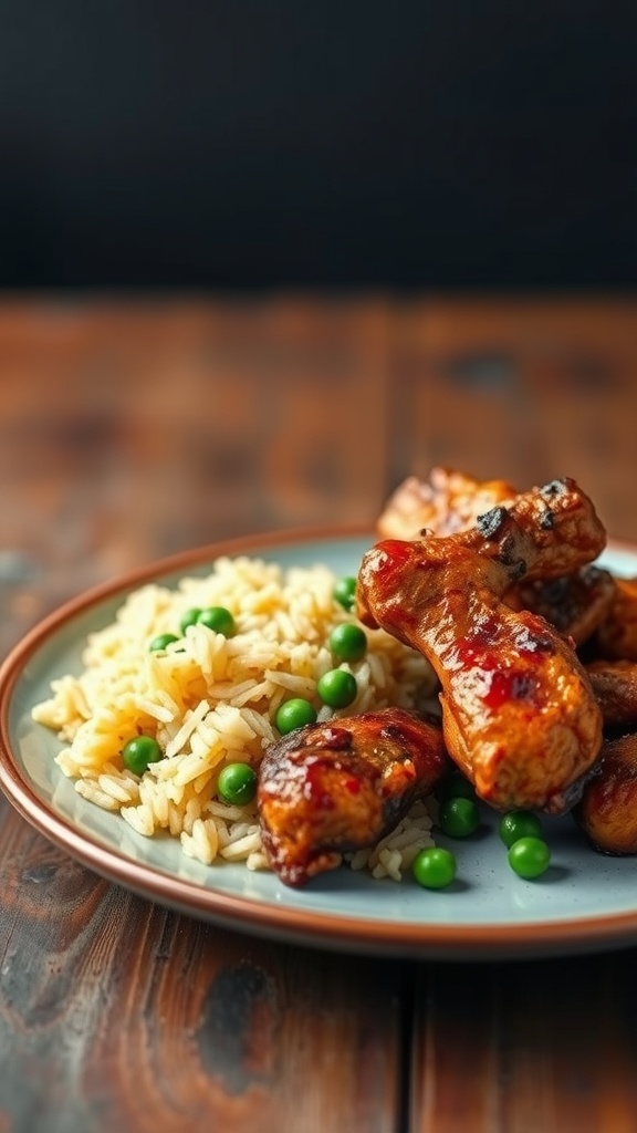 A plate of jerk chicken served with rice and peas.