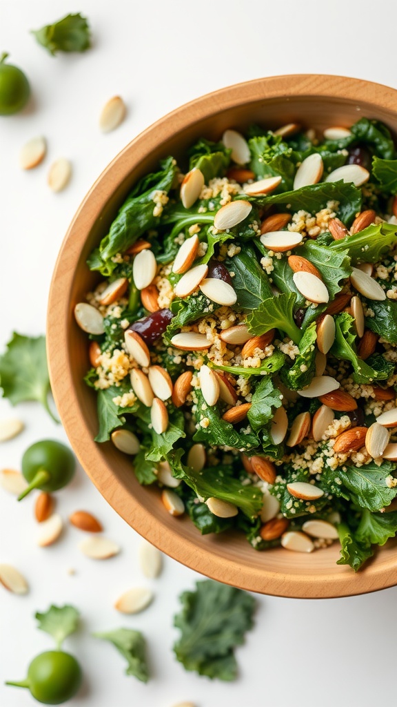 A wooden bowl filled with kale, quinoa, and almonds.