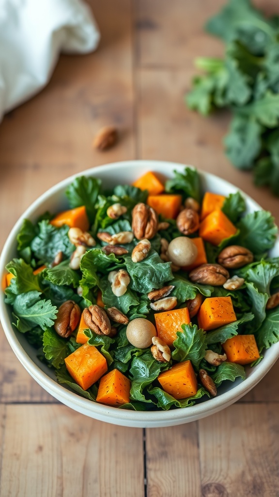 A colorful bowl of kale and sweet potato salad topped with nuts.