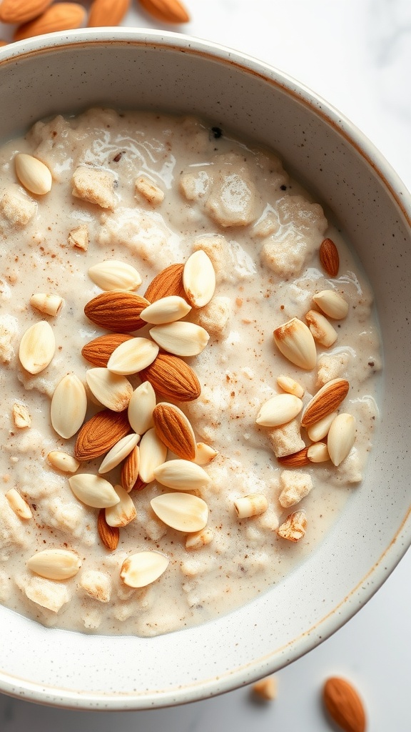 A bowl of creamy keto-friendly oatmeal topped with sliced almonds.