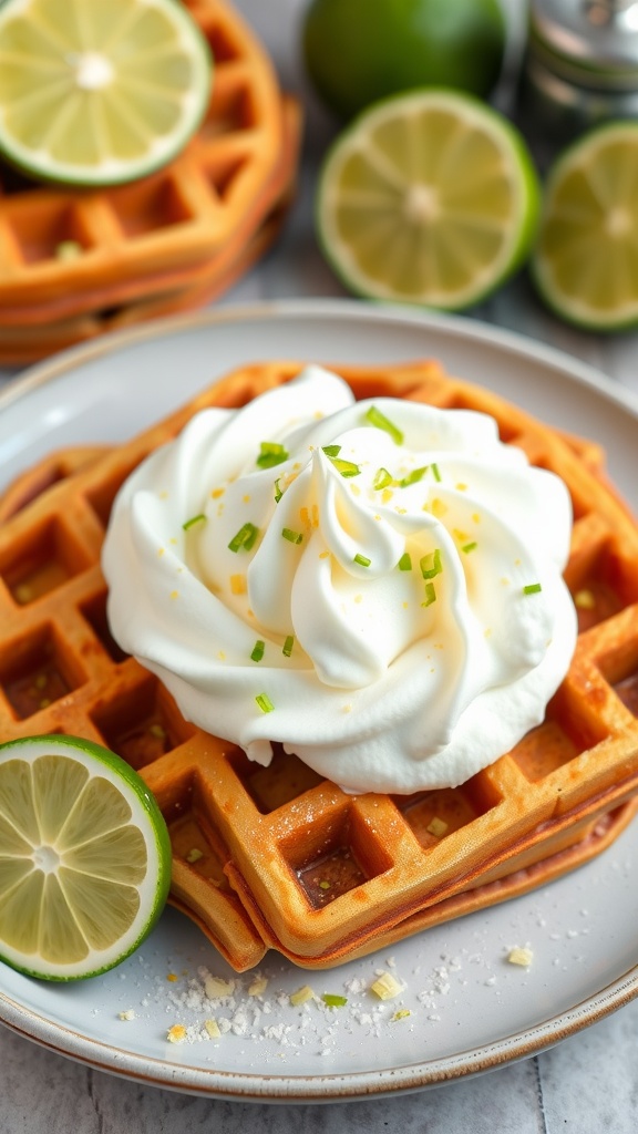 Delicious key lime pie waffles topped with whipped cream and lime slices.