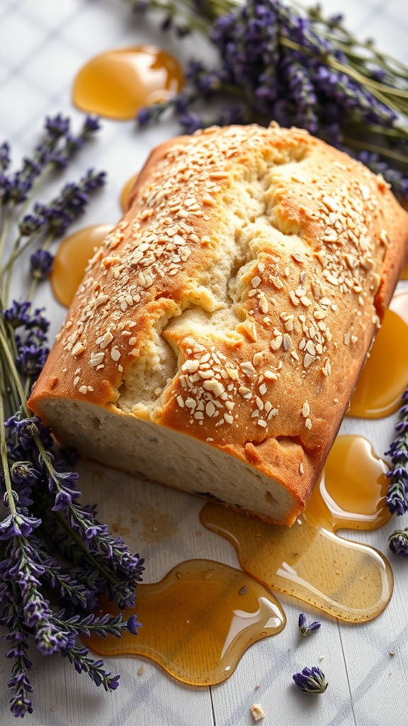 A loaf of lavender honey bread decorated with lavender sprigs and honey.