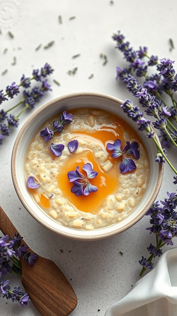 A bowl of lavender honey oatmeal topped with flowers and honey.