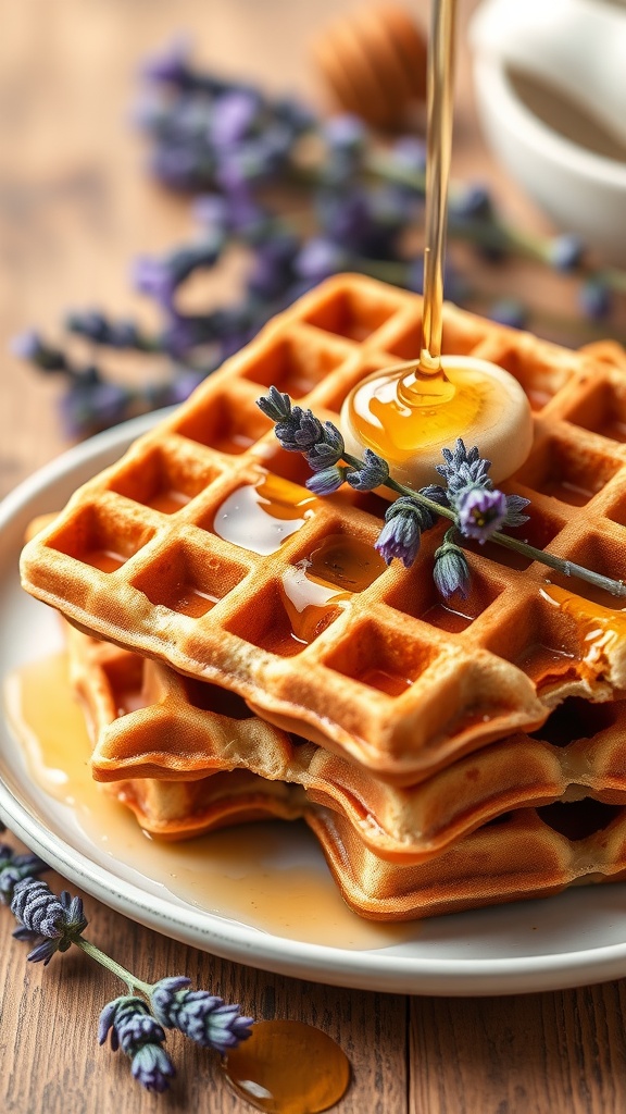 Stack of golden waffles drizzled with honey and garnished with lavender