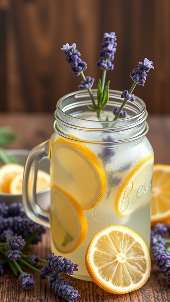 A refreshing glass of lavender lemonade iced tea with lemon slices and lavender sprigs.