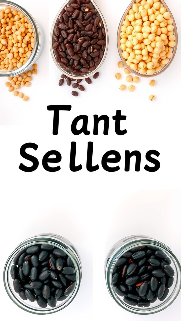 Various legumes including lentils, black beans, and chickpeas in jars.