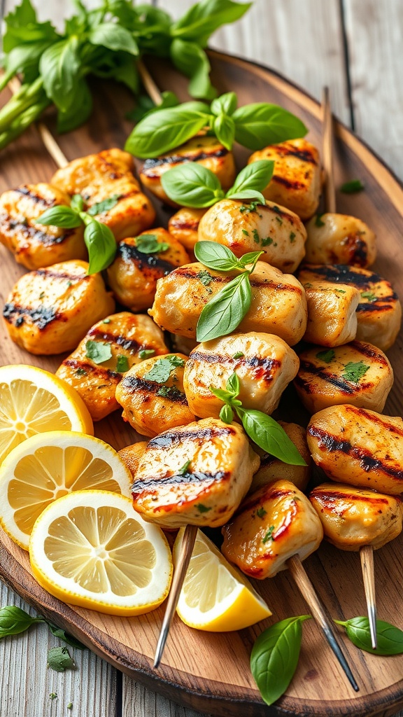 Delicious lemon basil chicken skewers garnished with fresh basil and lemon slices on a wooden platter.