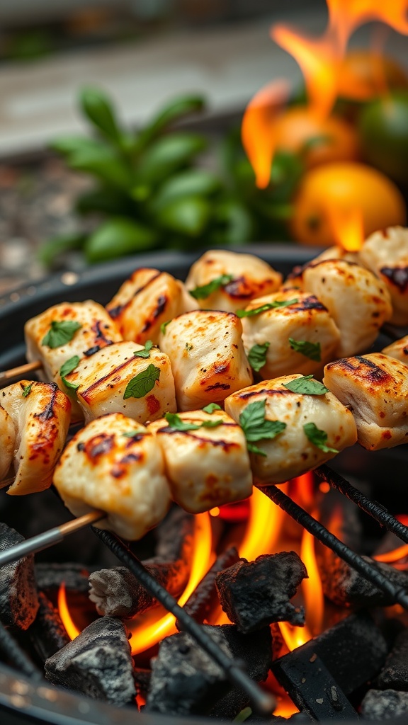 Grilled lemon basil chicken skewers on a grill