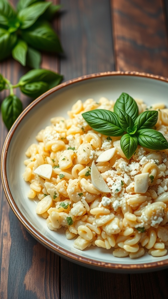 A plate of Lemon Basil Risotto topped with fresh basil leaves.
