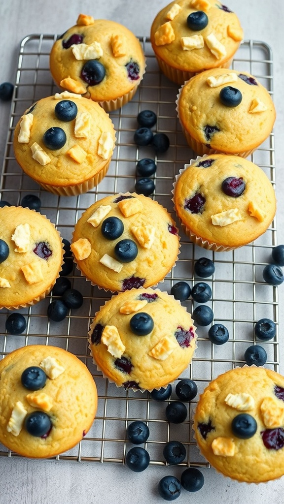 Lemon blueberry muffins cooling on a rack with fresh blueberries.