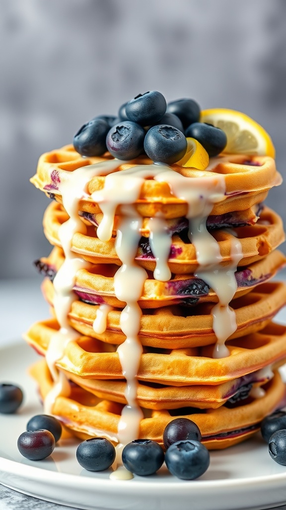 Delicious lemon blueberry waffles stacked and drizzled with glaze.