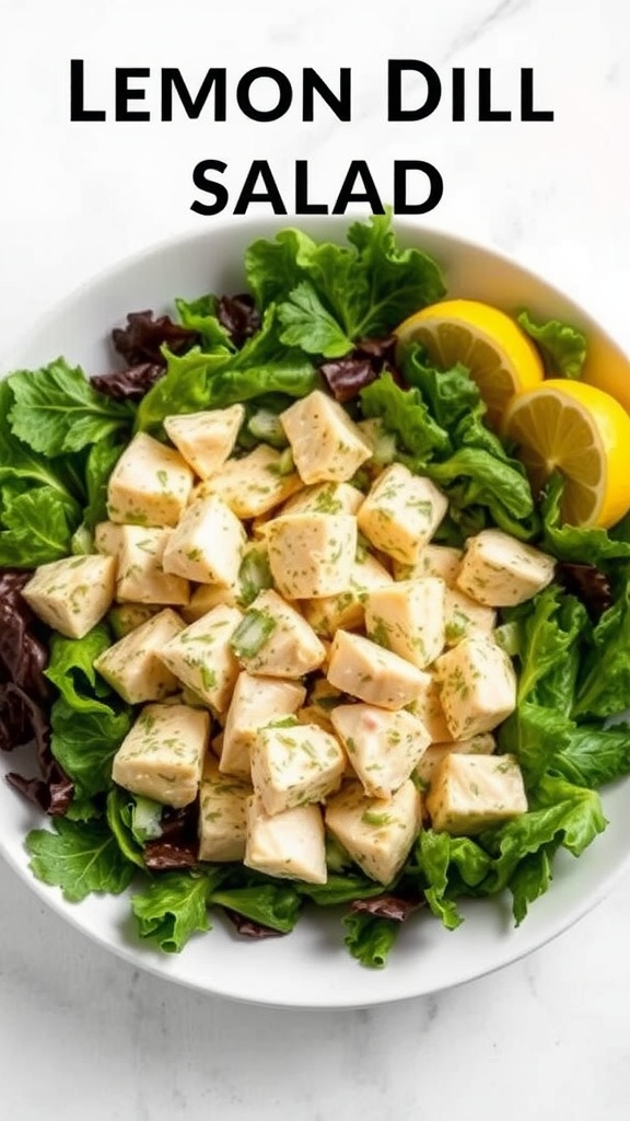 A bowl of lemon dill chicken salad served on a bed of greens with lemon wedges.