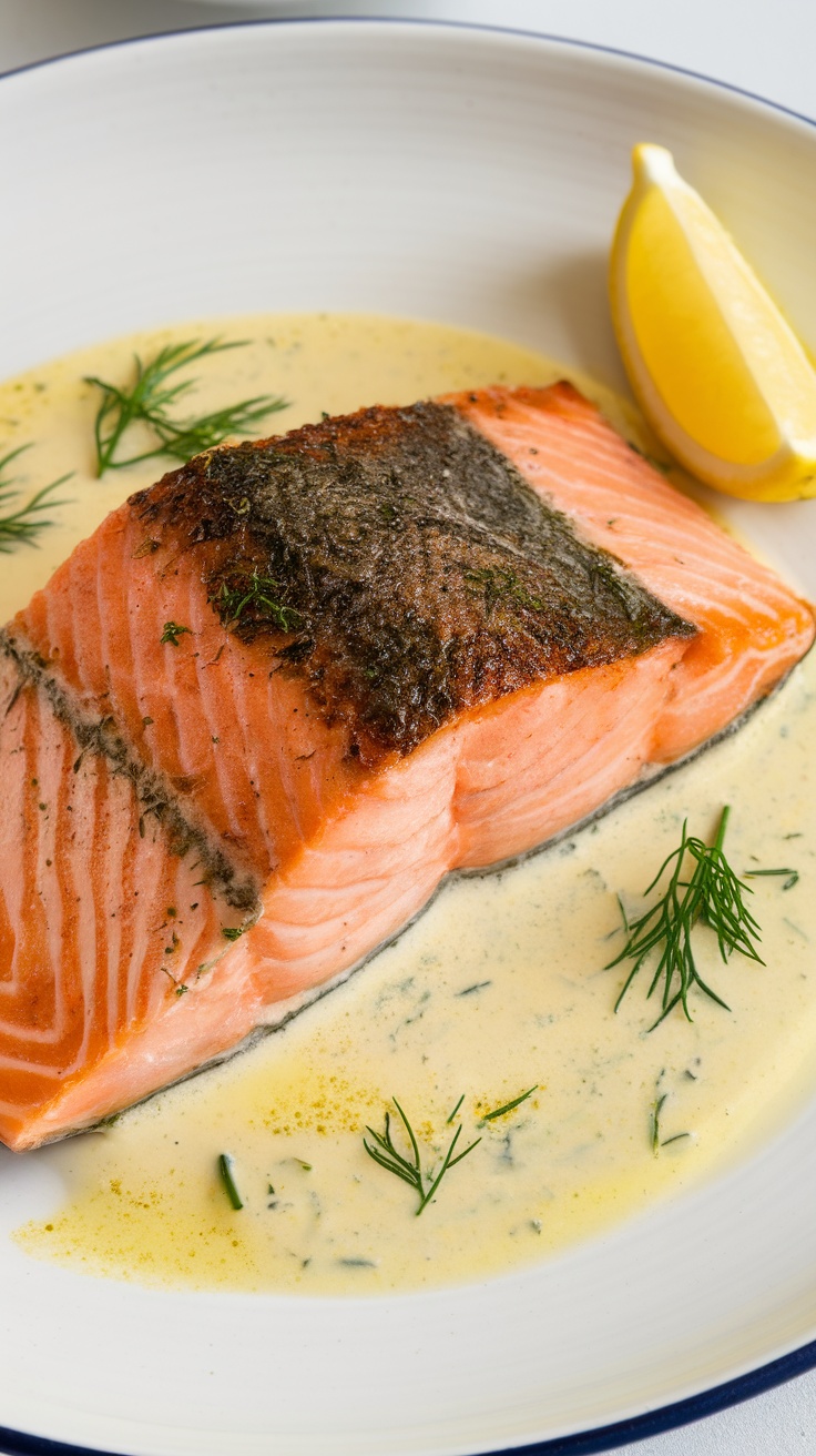 A plate of salmon topped with lemon dill cream sauce and garnished with lemon and dill.