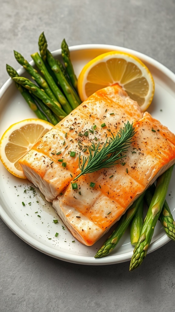 A plate of lemon dill salmon served with asparagus and lemon slices.