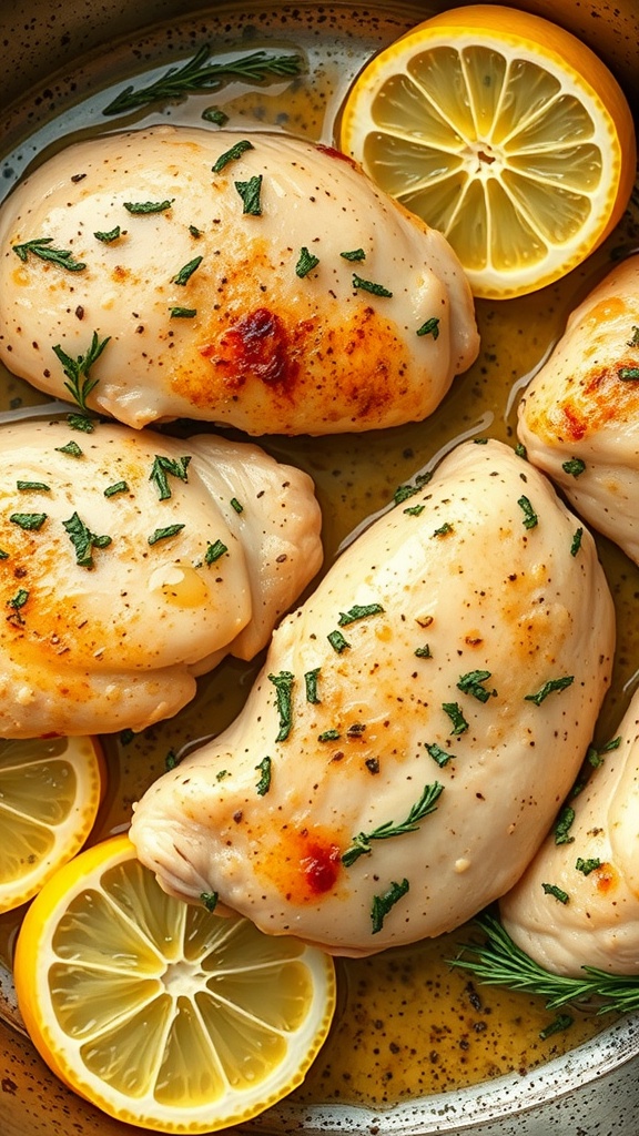 A delicious plate of lemon garlic butter chicken with fresh lemon slices.