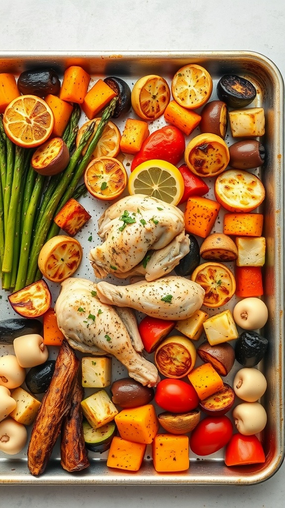 A delicious plate of lemon herb chicken with colorful roasted vegetables