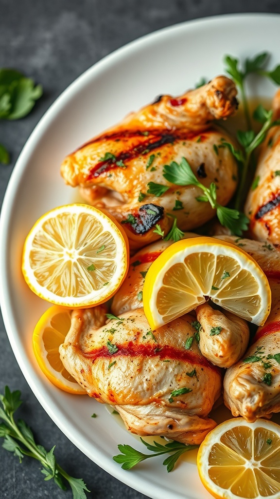 Grilled chicken garnished with lemon slices and herbs