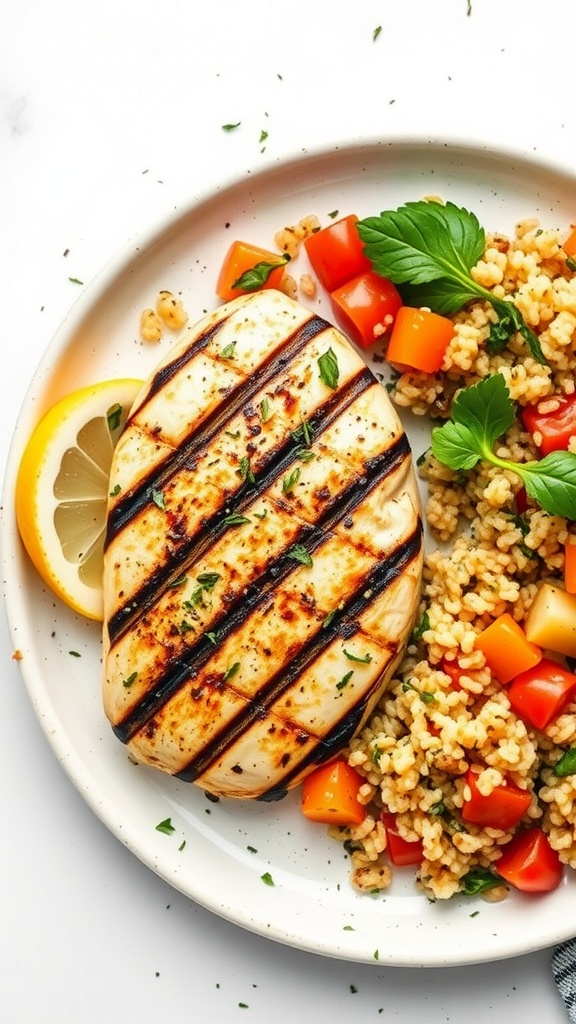 A delicious plate of grilled chicken with lemon and herbs served with a side of colorful vegetables.