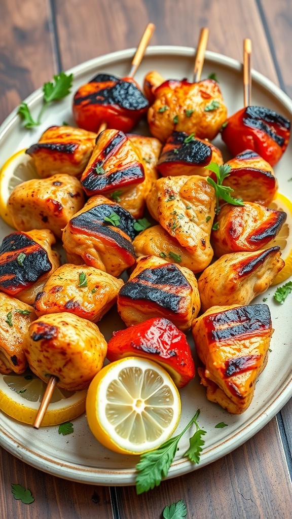 Grilled chicken skewers with lemon and herbs served on a plate.
