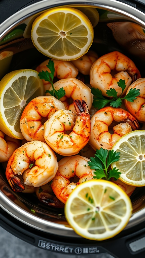 A dish of lemon herb grilled shrimp garnished with lemon slices and fresh parsley.