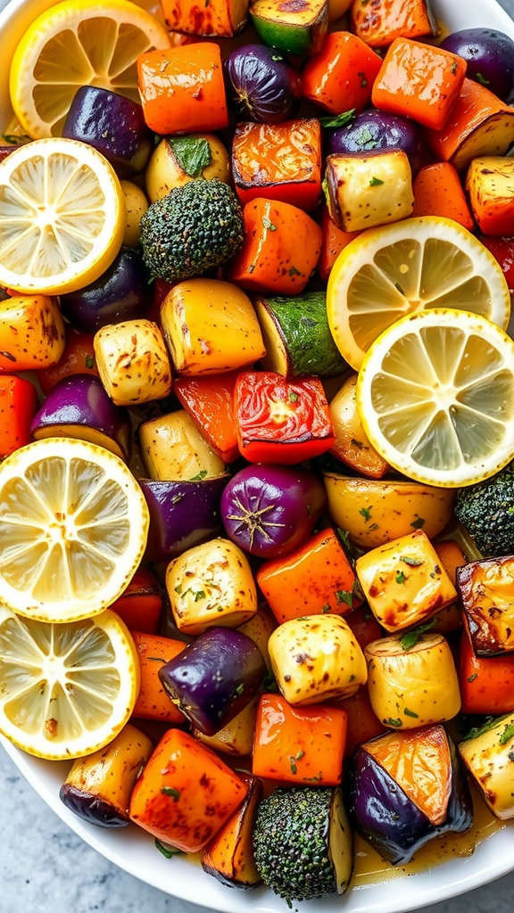 A colorful mix of roasted vegetables with lemon slices, showcasing vibrant carrots, sweet potatoes, and parsnips, seasoned with herbs.