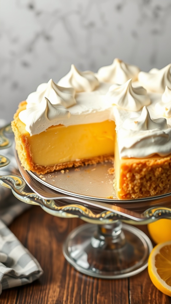 A beautifully baked Lemon Meringue Pie with a golden crust and fluffy meringue topping, served on a decorative stand.