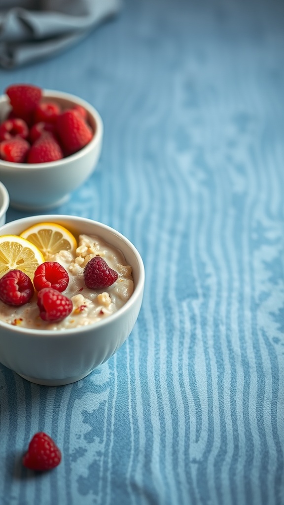 Lemon Raspberry Oatmeal in a bowl with fresh raspberries and lemon slices