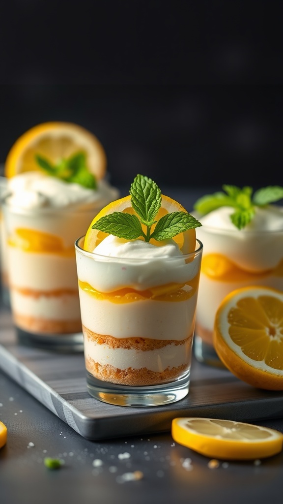 Lemon tart parfaits in clear cups with layers of lemon curd, whipped cream, and crushed graham crackers.