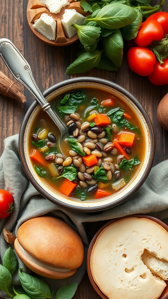A bowl of lentil and spinach soup with carrots and spices, garnished with fresh greens.