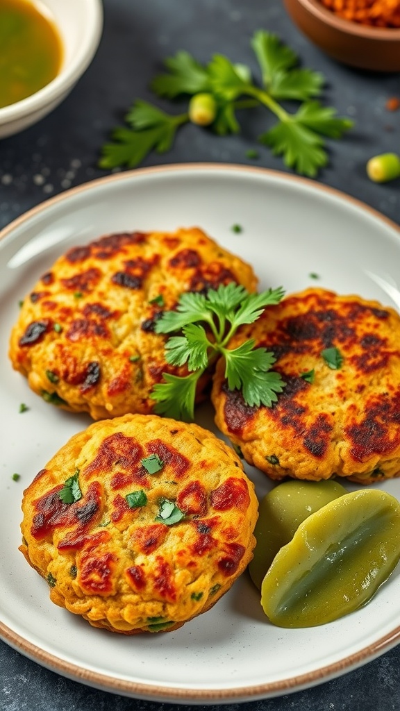 Delicious lentil and vegetable breakfast patties served on a plate with green garnish.
