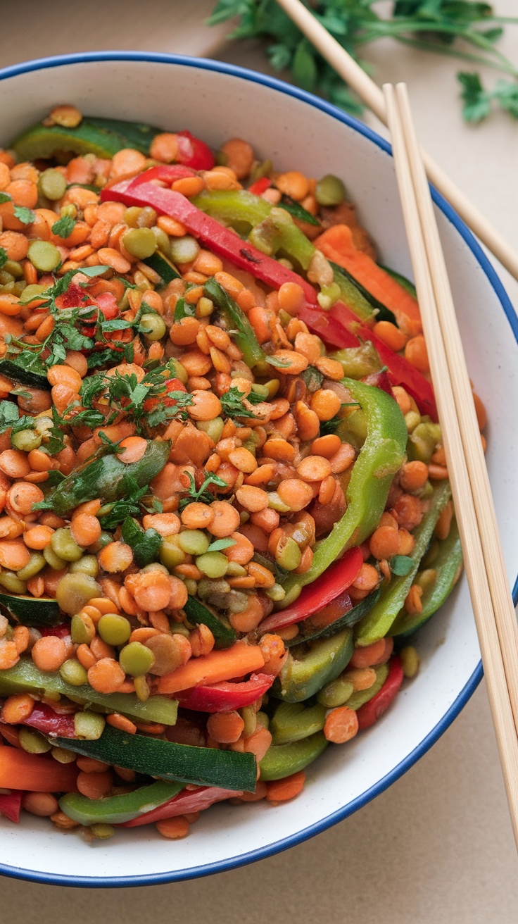 A colorful lentil and vegetable stir-fry with vibrant bell peppers and carrots.