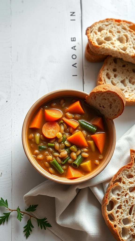 Bow of lentil soup with carrots and celery, served with slices of bread.