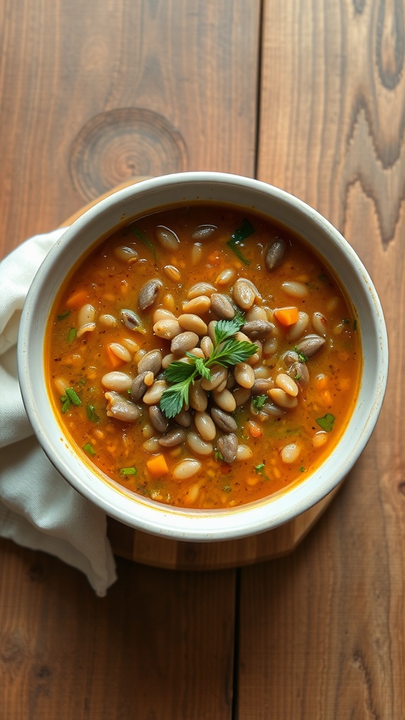A bowl of hearty lentil soup with carrots and celery, garnished with seeds and herbs.