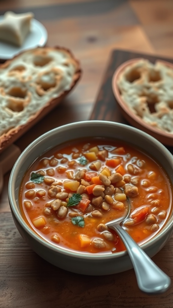 A bowl of lentil soup with vegetables, served with crusty bread on the side.
