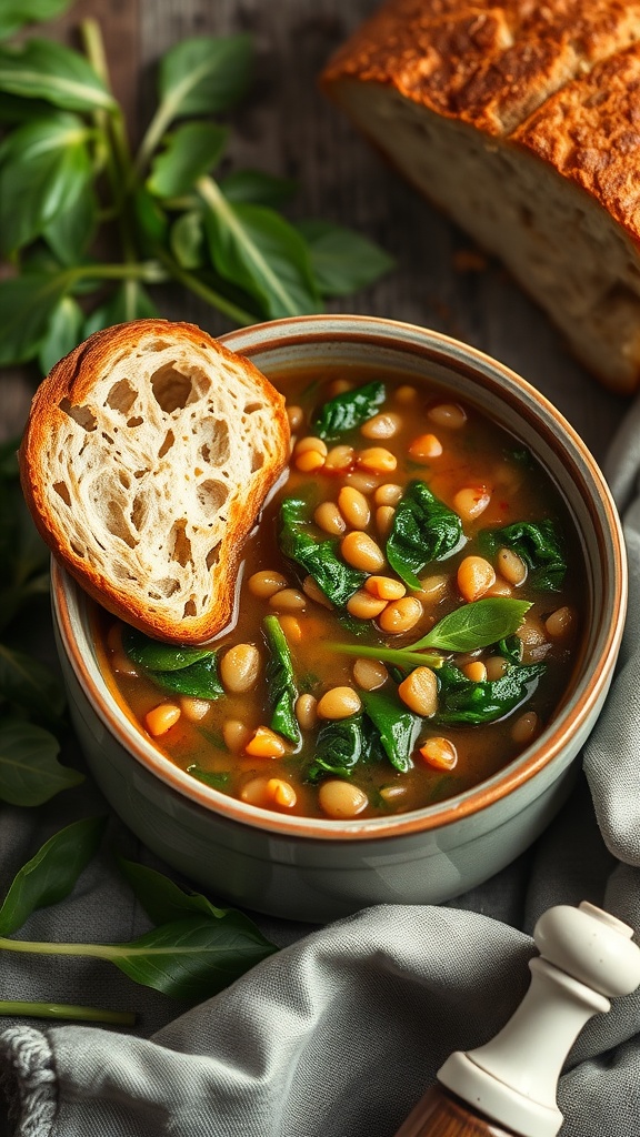 A bowl of lentil soup with spinach, served with a slice of bread.