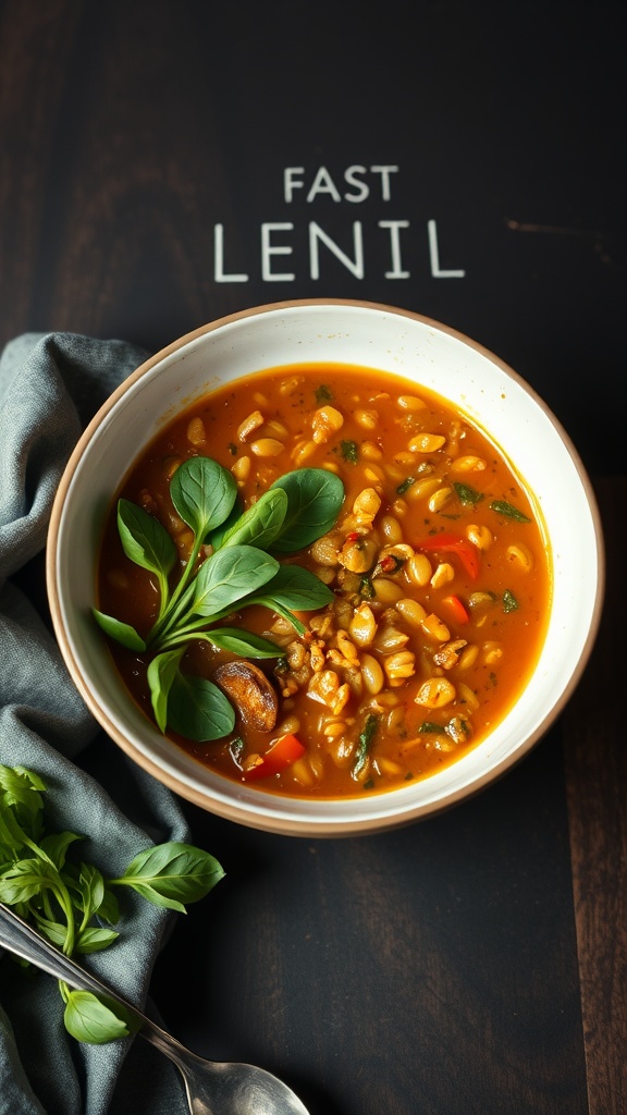 Bowl of lentil soup with spinach and vegetables