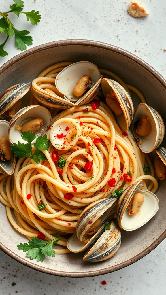 A bowl of linguine alle vongole, featuring linguine pasta with clams, garlic, and parsley.