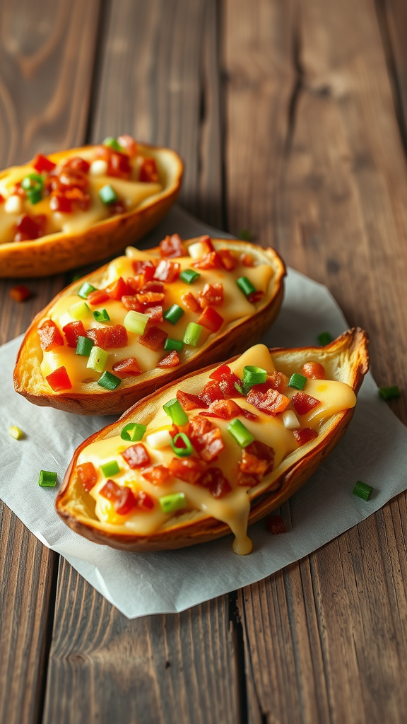 Delicious loaded baked potato skins topped with cheese, bacon, and green onions on a wooden table.