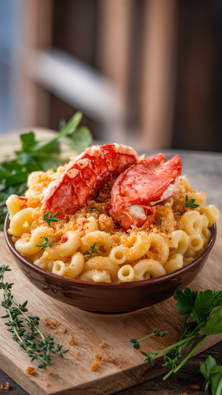 A bowl of lobster mac and cheese topped with crushed breadcrumbs and garnished with herbs.