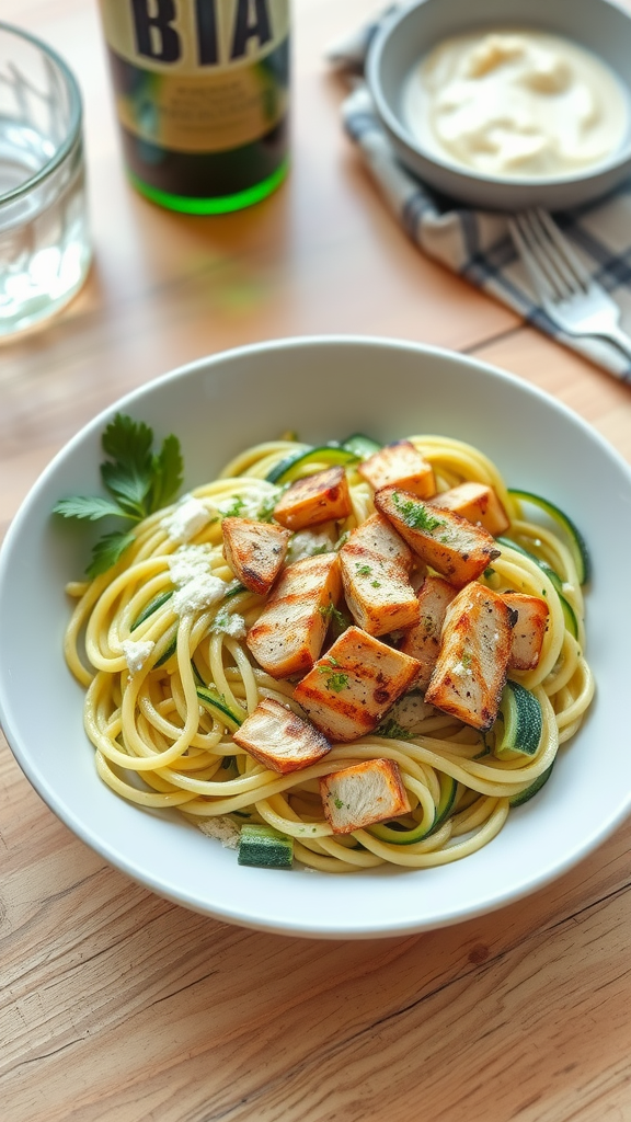 Low-carb chicken zucchini noodles dish with grilled chicken and creamy sauce