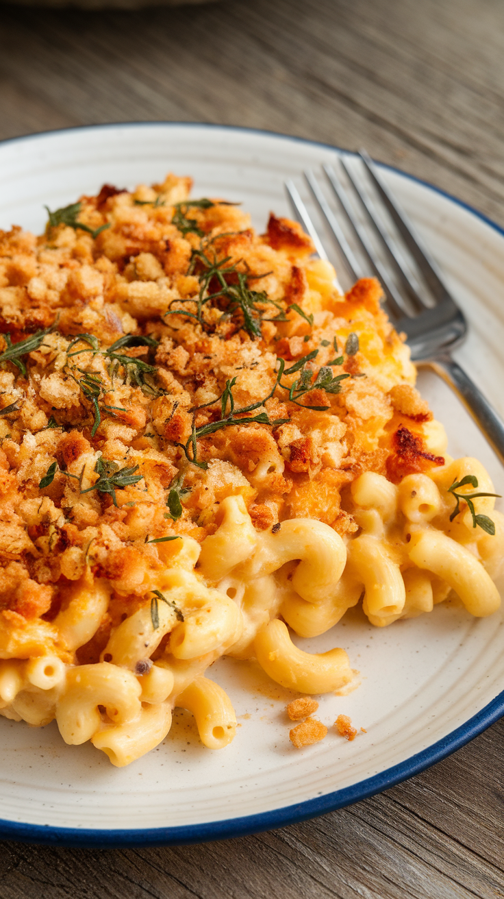 A serving of mac and cheese topped with crispy breadcrumbs and herbs.