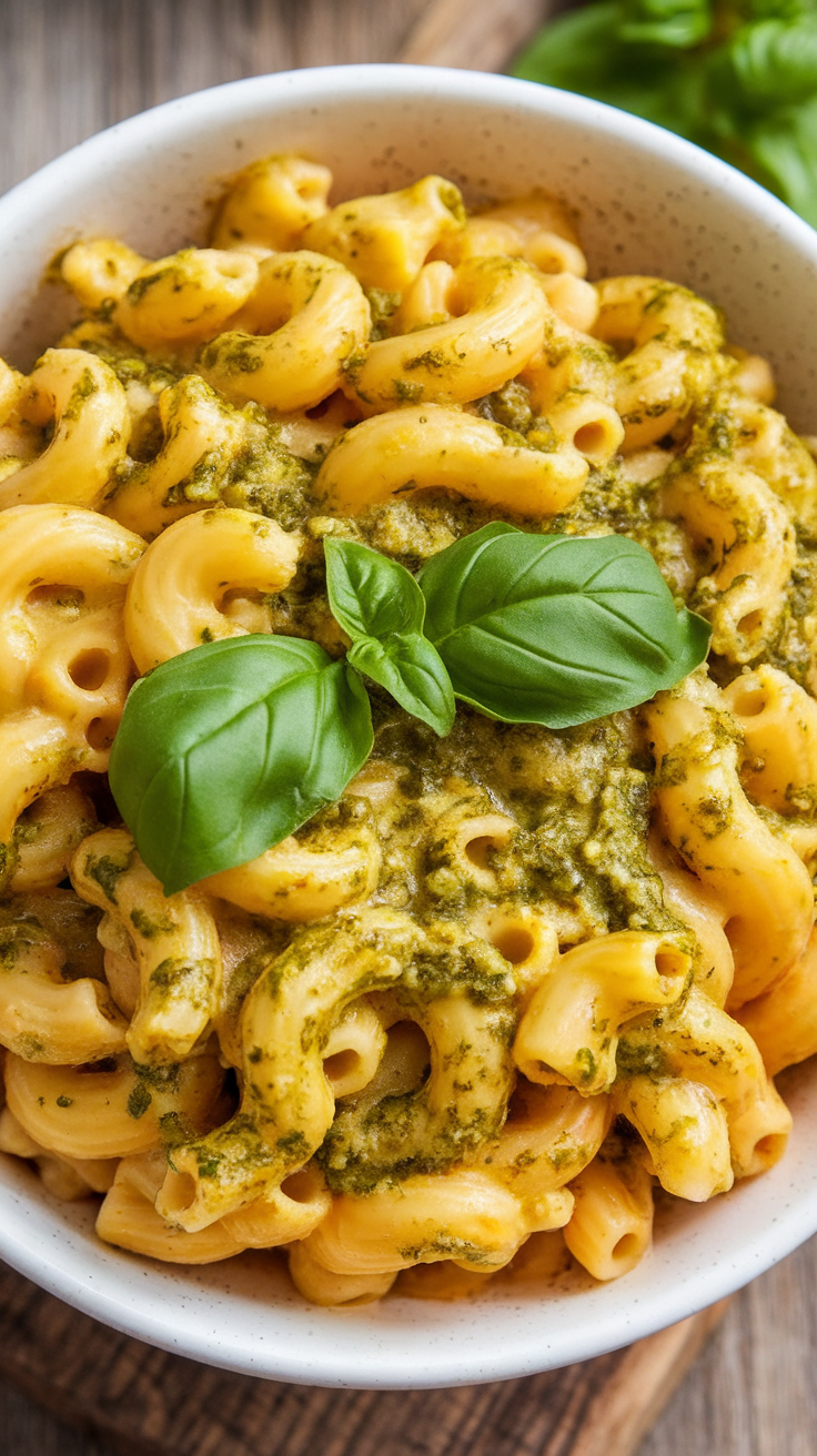 Creamy Mac and Cheese with a vibrant green pesto sauce