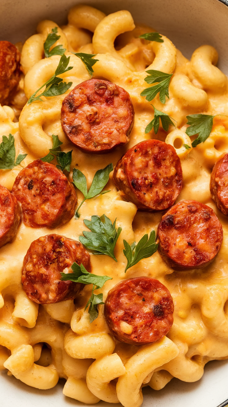 A bowl of macaroni and cheese topped with slices of Italian sausage and fresh herbs.