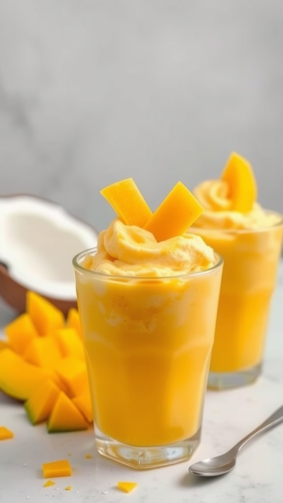 Mango Coconut Sorbet Cups served in glass cups, garnished with fresh mango.