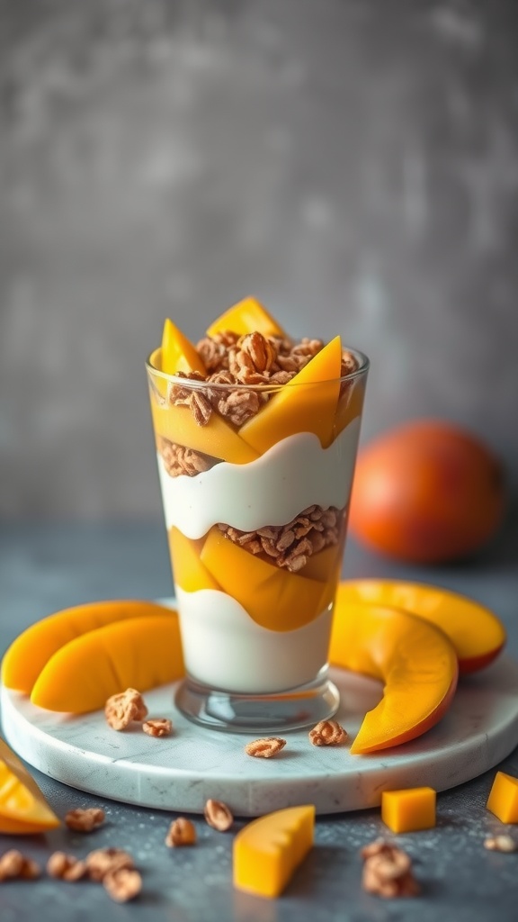 A Mango Lassi Parfait with layers of yogurt, granola, and fresh mango slices.