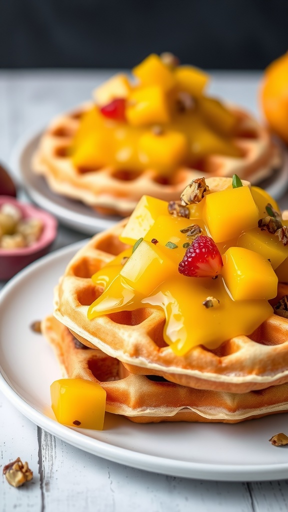 Delicious mango passionfruit waffles topped with fresh fruit and honey