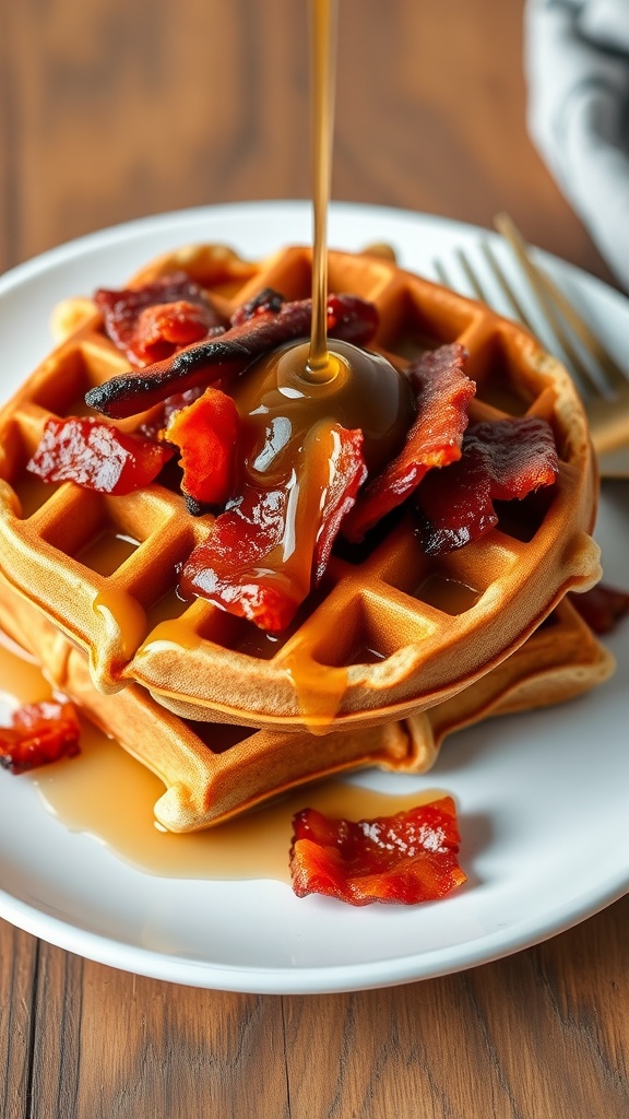 Maple bacon waffles topped with syrup and crispy bacon