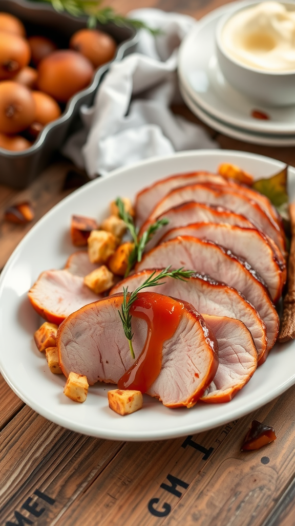 Maple glazed ham on a plate with roasted vegetables